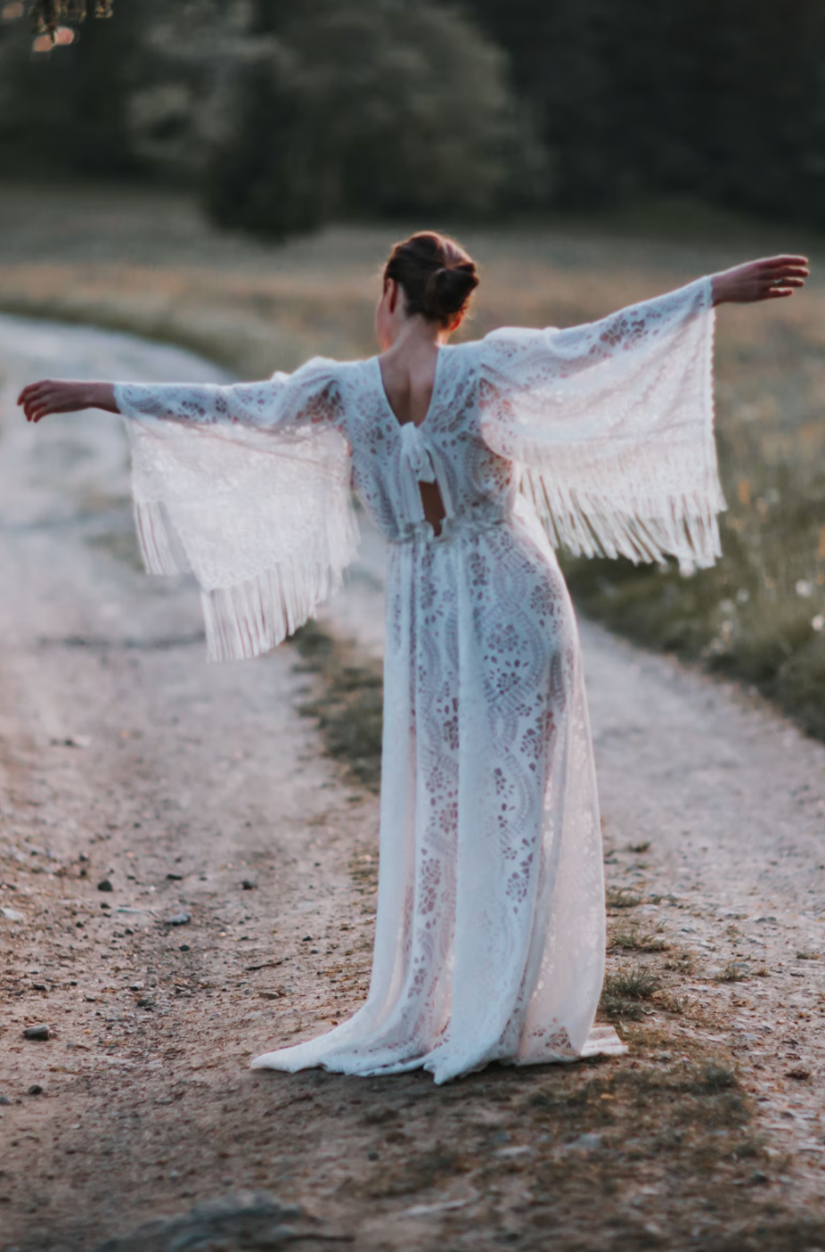 boho fringe lace dress Bohemian Style Lace Fringe Wedding Dress Flare Long Sleeve Boho Wedding Dress Lace Tassel V Neck Zipper
