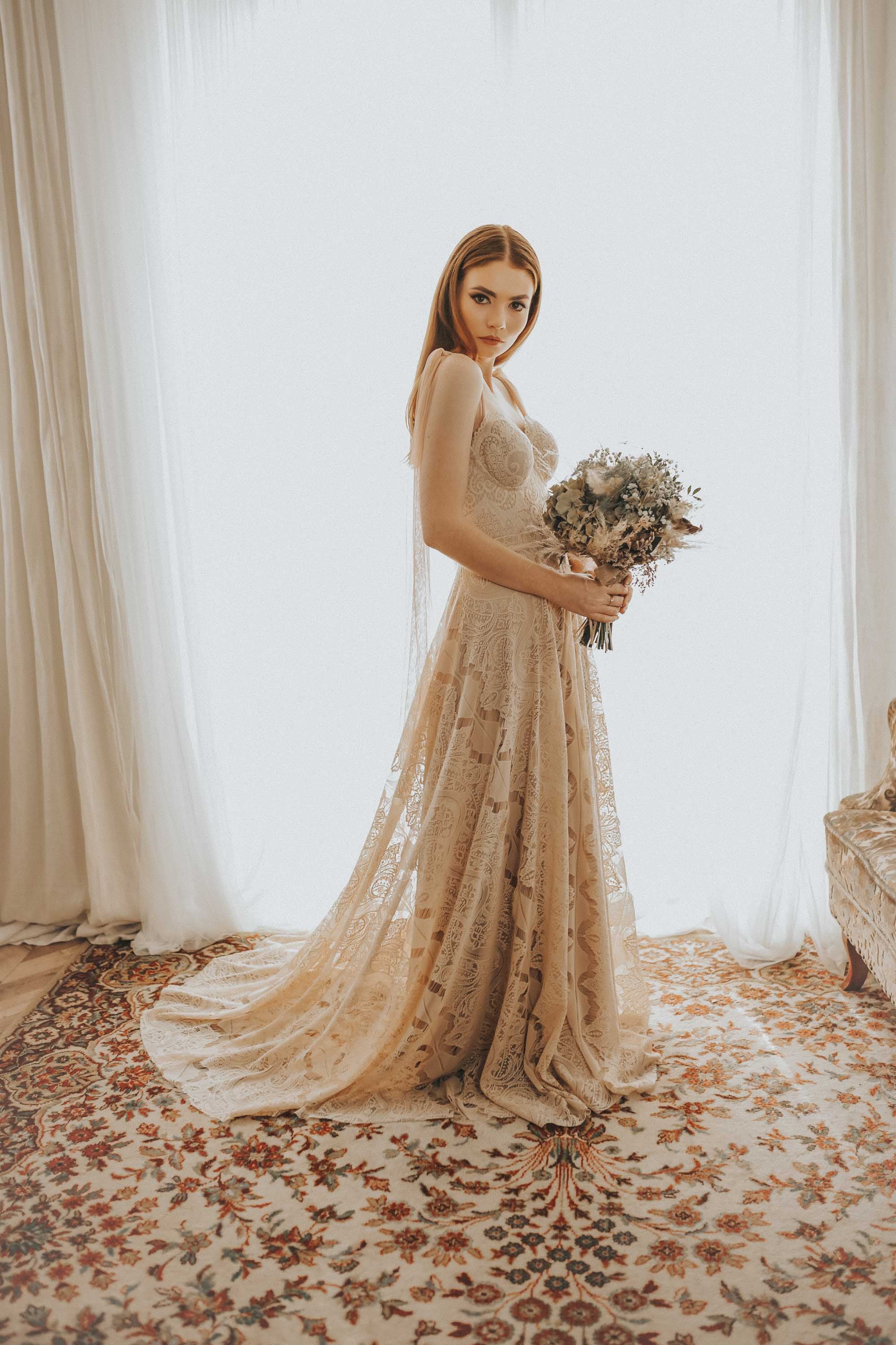 lace tan wedding dress Luxurious Champagne Lace Wedding Gown: Sleeveless Boho Bridal Dress